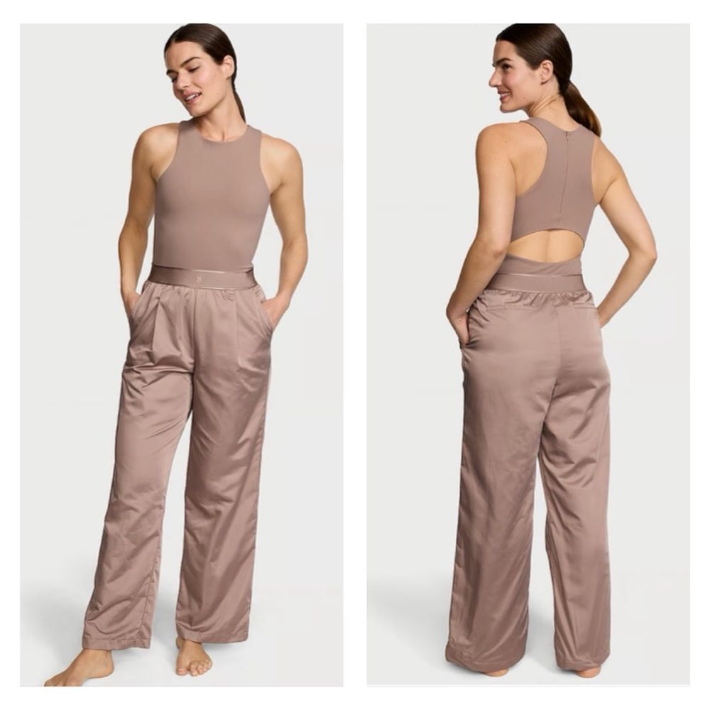 Victoria Secret VSX Lux Glossy Sport Wide-Leg Jumpsuit Shimmer Sheen Stretch SM